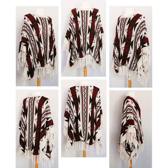 NEW Tribal Aztec BOHO Knit Fringe Sweater Poncho - Picture 9 of 10